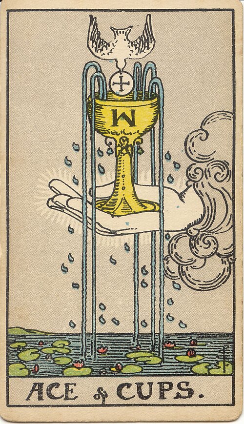 Ace of Cups, original 1909 Rider–Waite–Smith illustration by Pamela Colman Smith