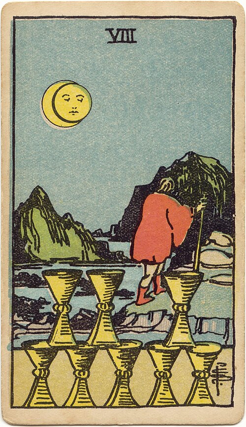Eight of Cups, original 1909 Rider–Waite–Smith illustration by Pamela Colman Smith