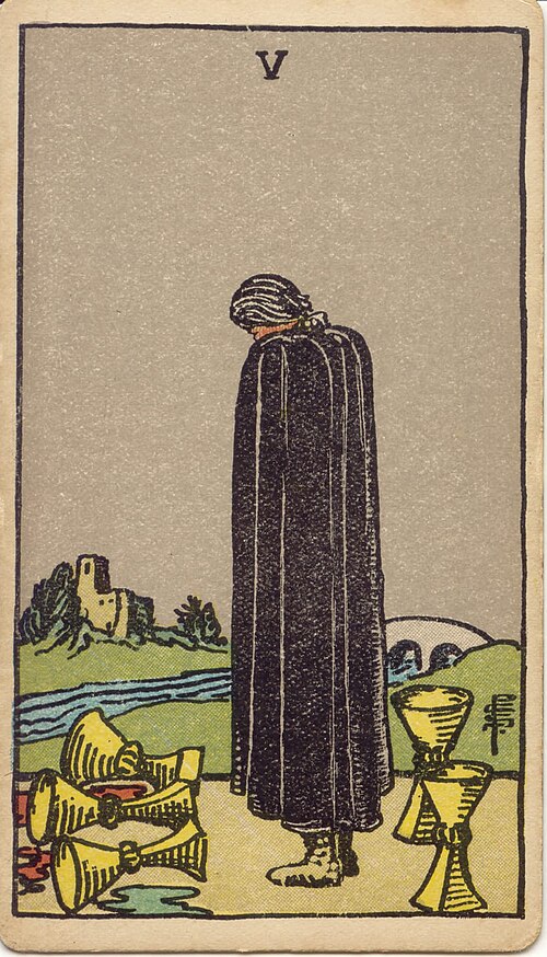 Five of Cups, original 1909 Rider–Waite–Smith illustration by Pamela Colman Smith
