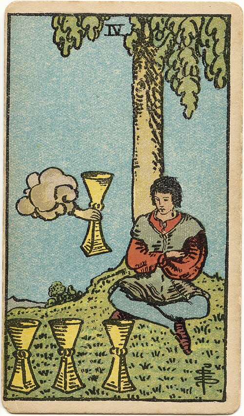 Four of Cups, original 1909 Rider–Waite–Smith illustration by Pamela Colman Smith