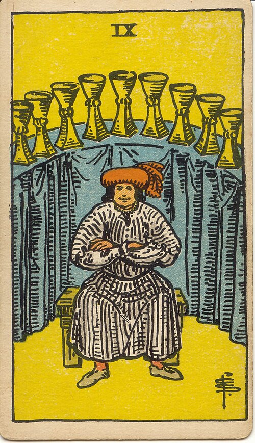 Nine of Cups, original 1909 Rider–Waite–Smith illustration by Pamela Colman Smith