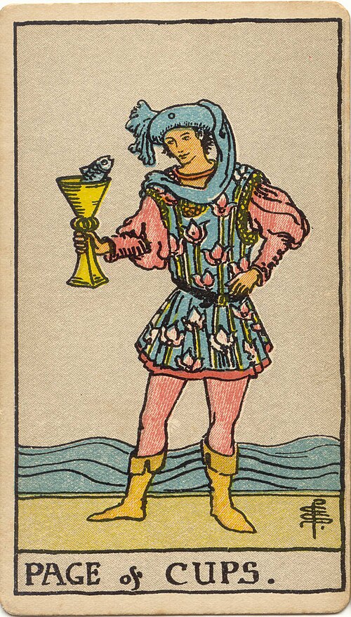 Page of Cups, original 1909 Rider–Waite–Smith illustration by Pamela Colman Smith