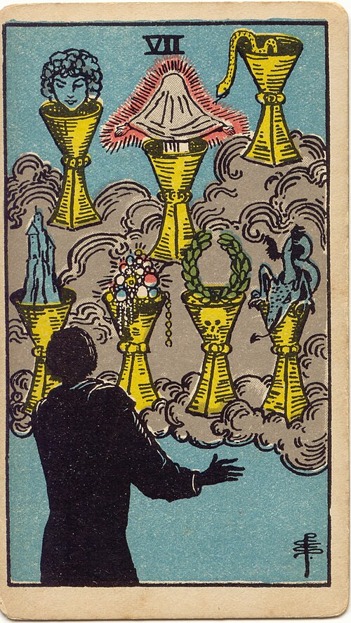 Seven of Cups, original 1909 Rider–Waite–Smith illustration by Pamela Colman Smith