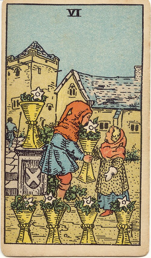 Six of Cups, original 1909 Rider–Waite–Smith illustration by Pamela Colman Smith
