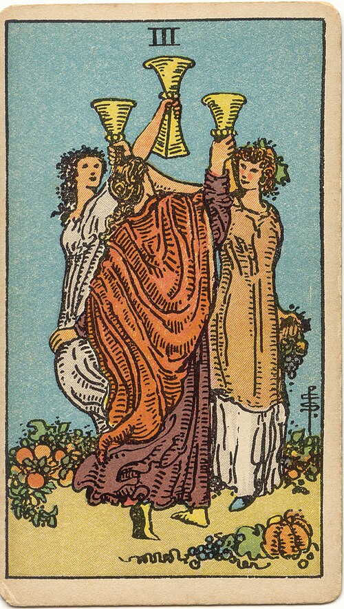 Three of Cups, original 1909 Rider–Waite–Smith illustration by Pamela Colman Smith