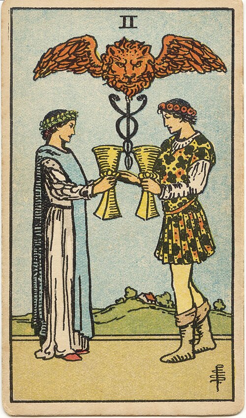 Two of Cups, original 1909 Rider–Waite–Smith illustration by Pamela Colman Smith