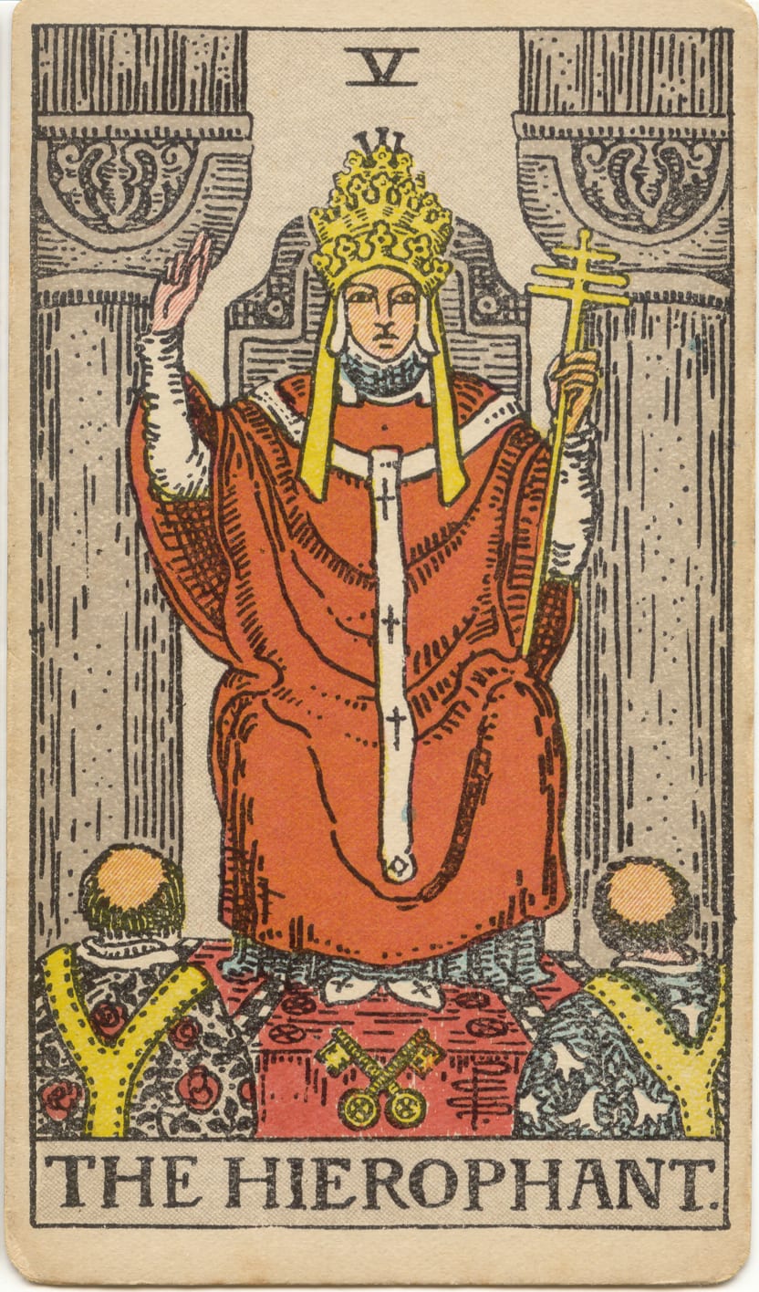 The Hierophant, original 1909 Rider–Waite–Smith illustration by Pamela Colman Smith