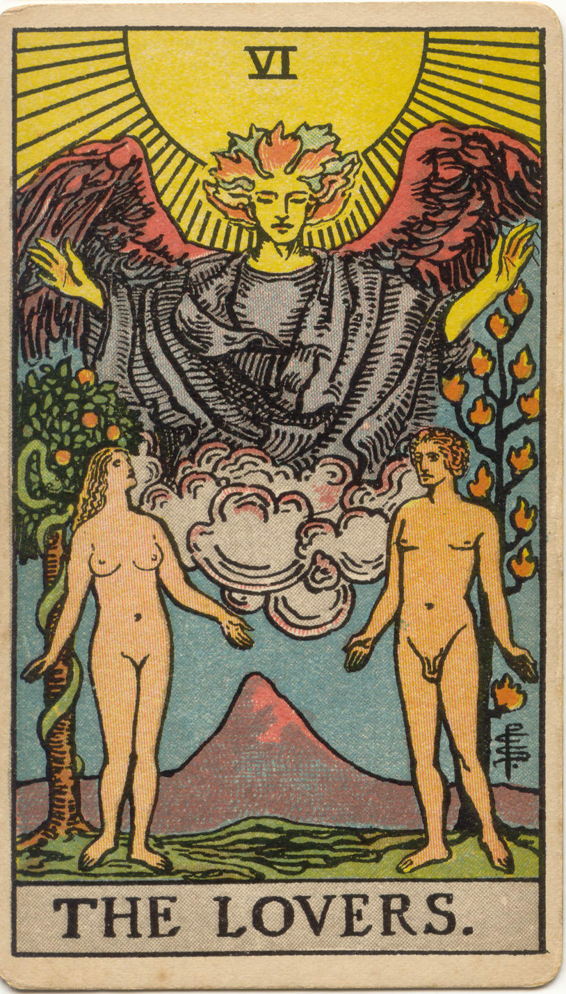 The Lovers, original 1909 Rider–Waite–Smith illustration by Pamela Colman Smith