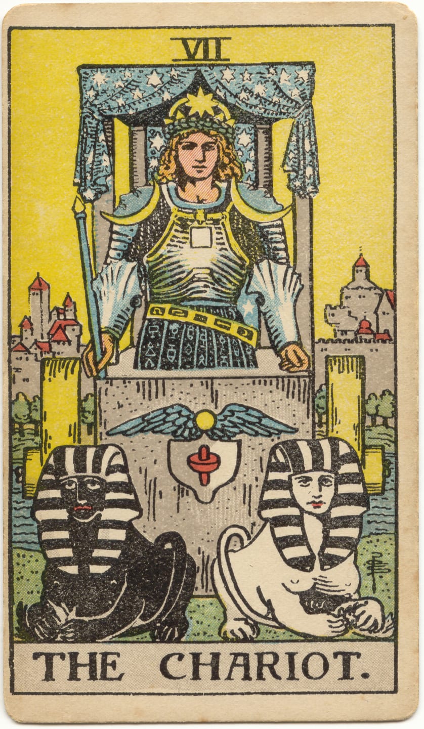 The Chariot, original 1909 Rider–Waite–Smith illustration by Pamela Colman Smith