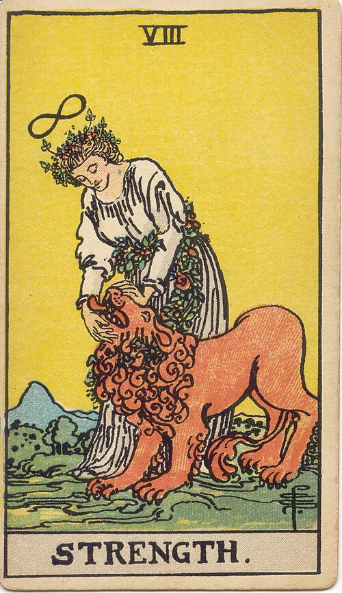 Strength, original 1909 Rider–Waite–Smith illustration by Pamela Colman Smith