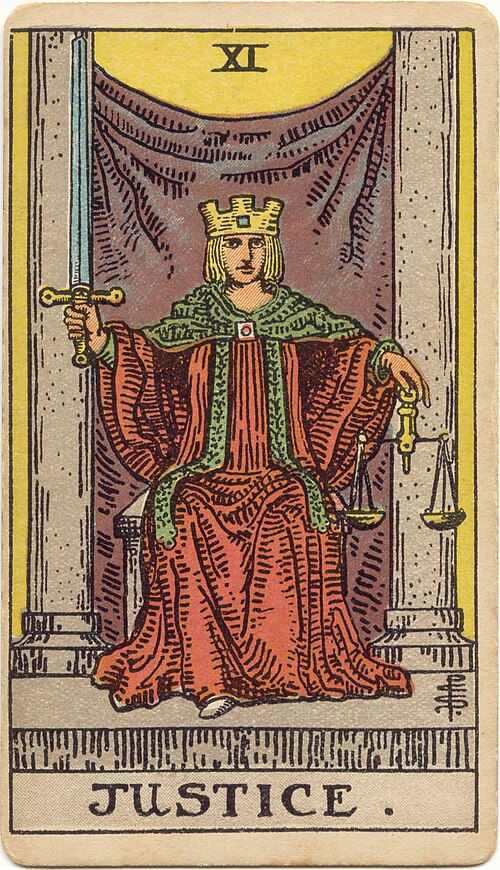 Justice, original 1909 Rider–Waite–Smith illustration by Pamela Colman Smith