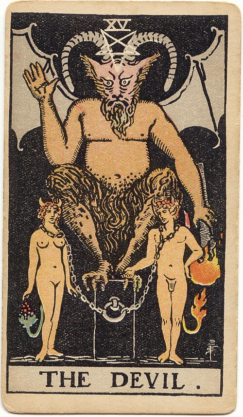 The Devil, original 1909 Rider–Waite–Smith illustration by Pamela Colman Smith