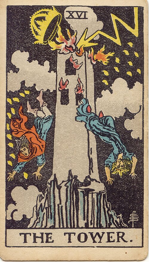 The Tower, original 1909 Rider–Waite–Smith illustration by Pamela Colman Smith