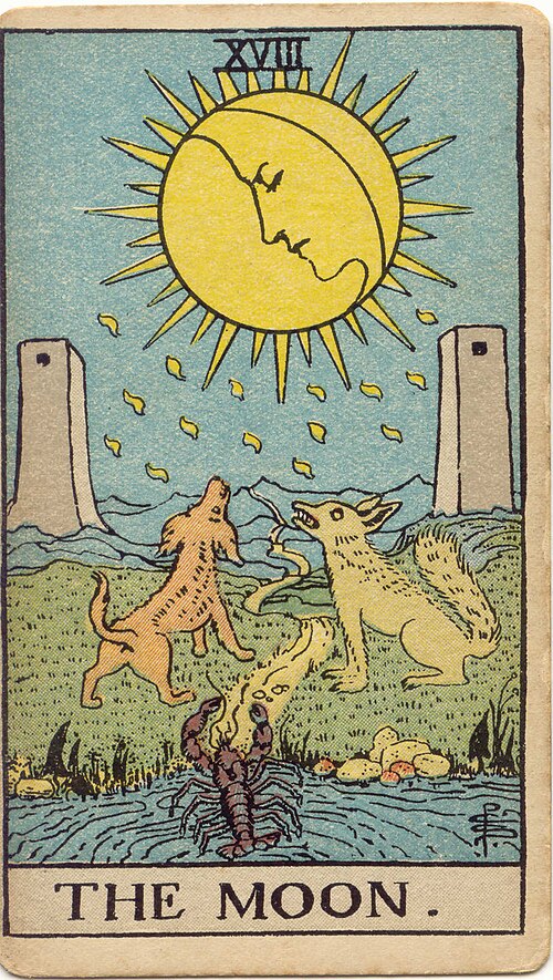 The Moon, original 1909 Rider–Waite–Smith illustration by Pamela Colman Smith