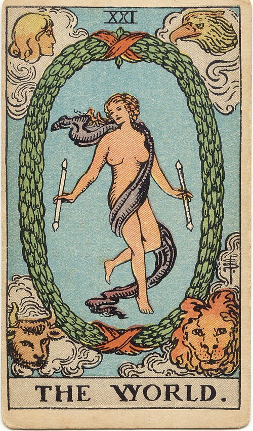 The World, original 1909 Rider–Waite–Smith illustration by Pamela Colman Smith
