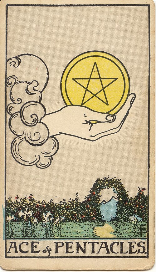 Ace of Pentacles, original 1909 Rider–Waite–Smith illustration by Pamela Colman Smith