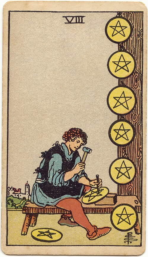 Eight of Pentacles, original 1909 Rider–Waite–Smith illustration by Pamela Colman Smith