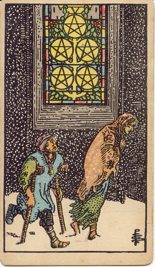 Five of Pentacles, original 1909 Rider–Waite–Smith illustration by Pamela Colman Smith