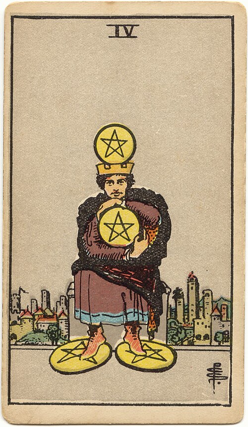 Four of Pentacles, original 1909 Rider–Waite–Smith illustration by Pamela Colman Smith