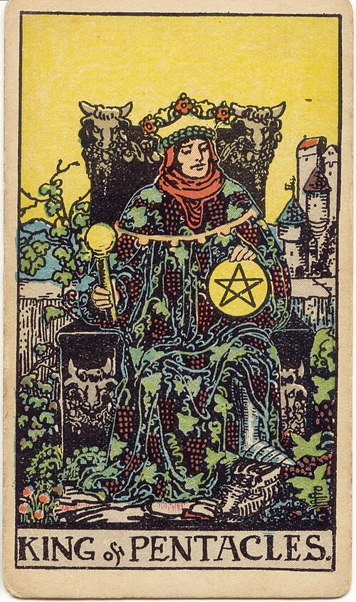 King of Pentacles, original 1909 Rider–Waite–Smith illustration by Pamela Colman Smith