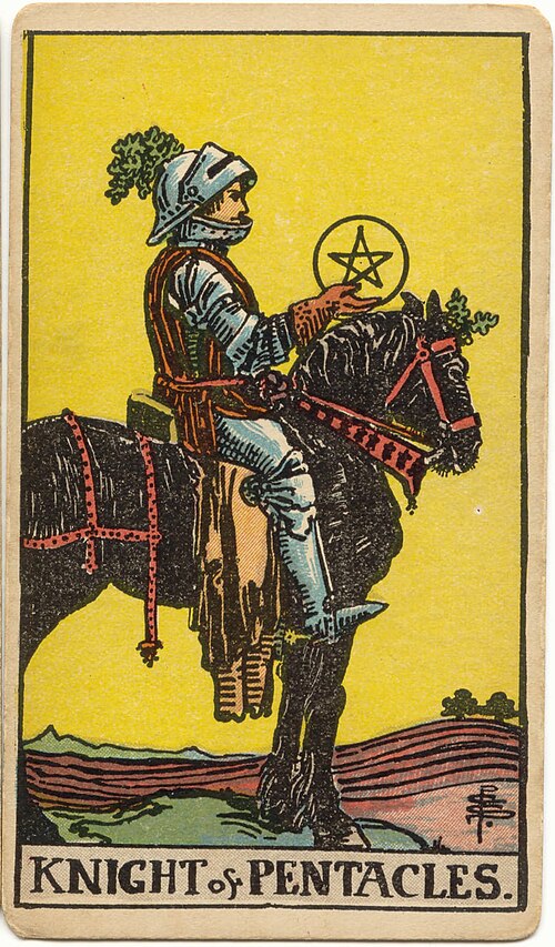 Knight of Pentacles, original 1909 Rider–Waite–Smith illustration by Pamela Colman Smith