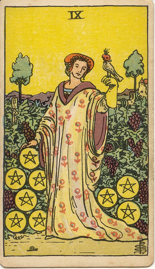 Nine of Pentacles, original 1909 Rider–Waite–Smith illustration by Pamela Colman Smith