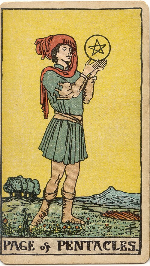 Page of Pentacles, original 1909 Rider–Waite–Smith illustration by Pamela Colman Smith