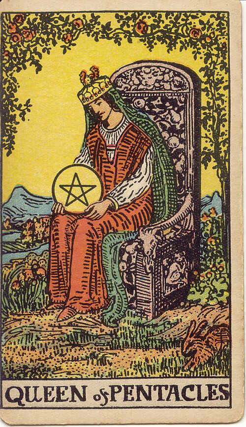 Queen of Pentacles, original 1909 Rider–Waite–Smith illustration by Pamela Colman Smith