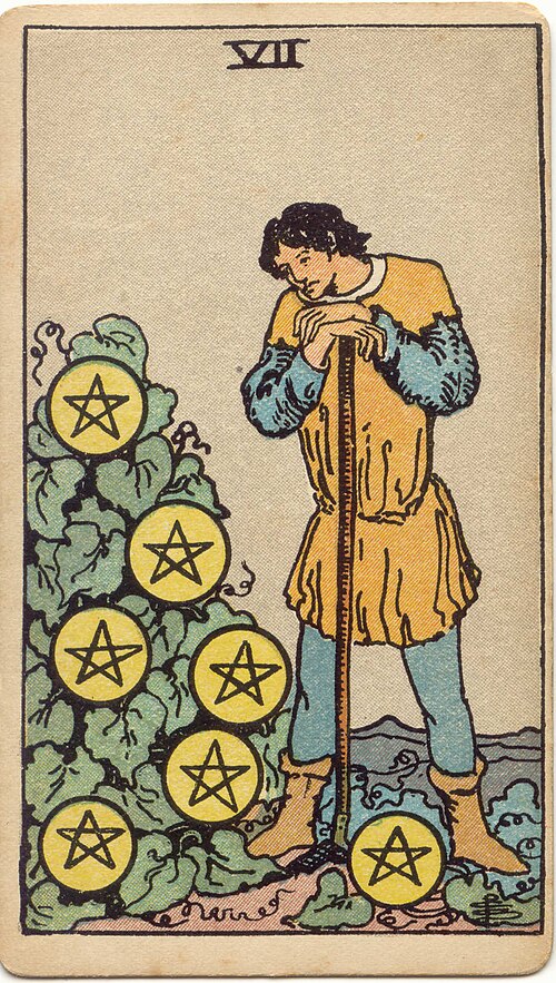 Seven of Pentacles, original 1909 Rider–Waite–Smith illustration by Pamela Colman Smith