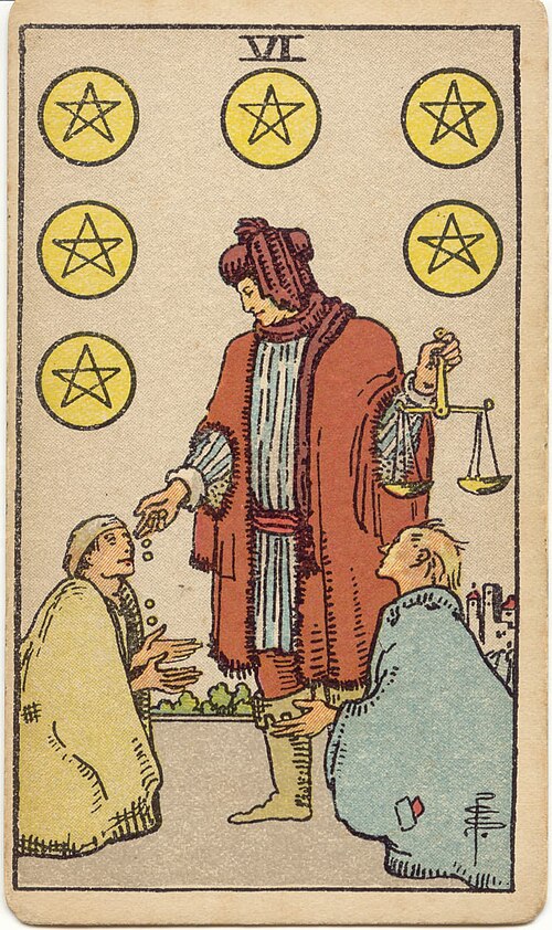 Six of Pentacles, original 1909 Rider–Waite–Smith illustration by Pamela Colman Smith