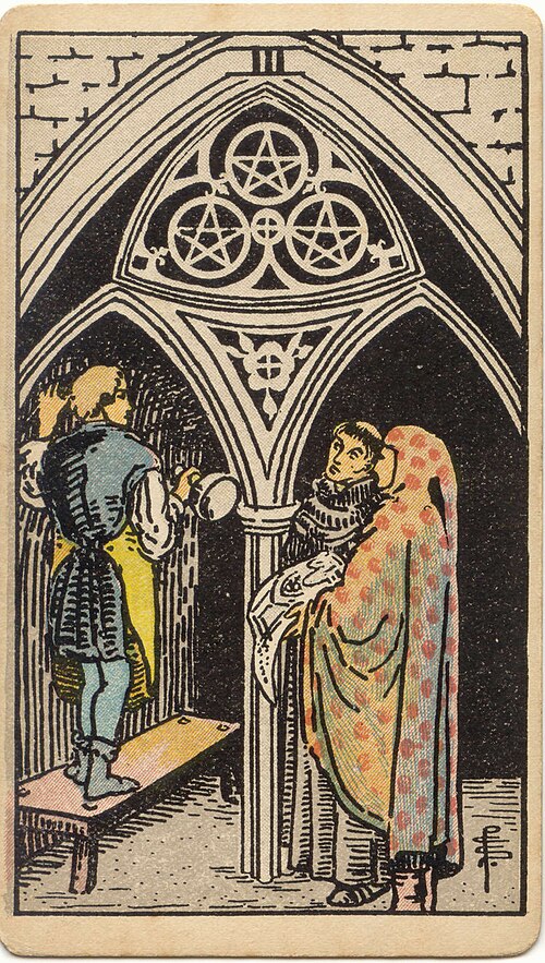 Three of Pentacles, original 1909 Rider–Waite–Smith illustration by Pamela Colman Smith