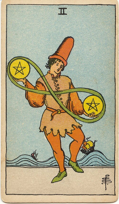 Two of Pentacles, original 1909 Rider–Waite–Smith illustration by Pamela Colman Smith