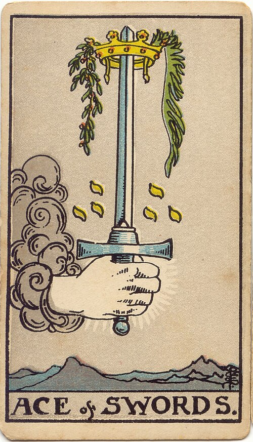 Ace of Swords, original 1909 Rider–Waite–Smith illustration by Pamela Colman Smith