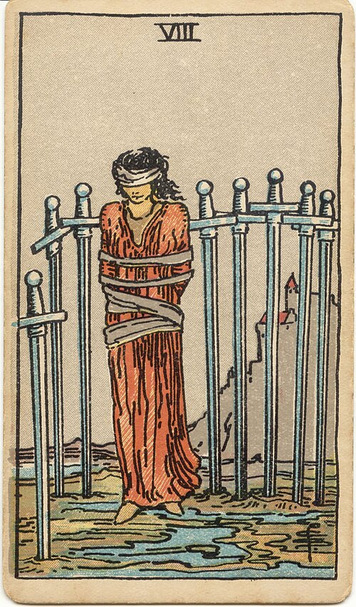 Eight of Swords, original 1909 Rider–Waite–Smith illustration by Pamela Colman Smith