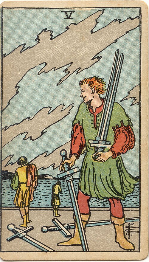 Five of Swords, original 1909 Rider–Waite–Smith illustration by Pamela Colman Smith