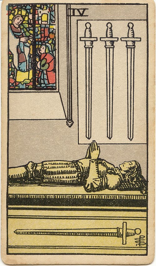 Four of Swords, original 1909 Rider–Waite–Smith illustration by Pamela Colman Smith