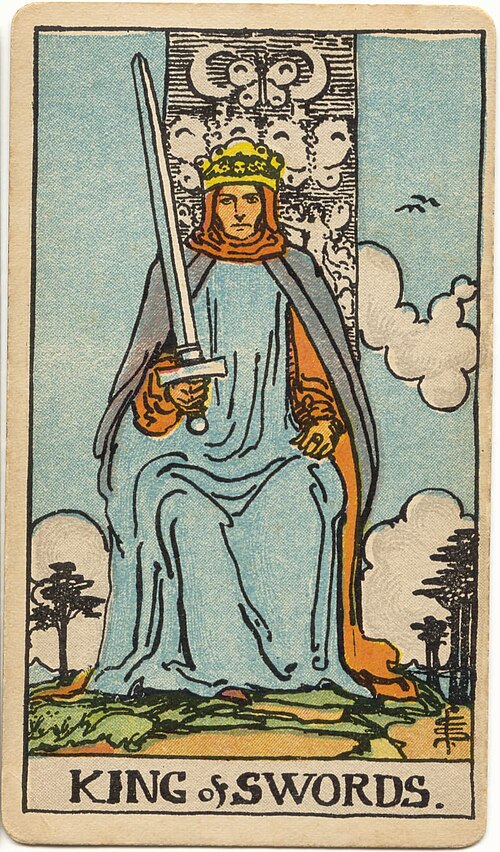 King of Swords, original 1909 Rider–Waite–Smith illustration by Pamela Colman Smith