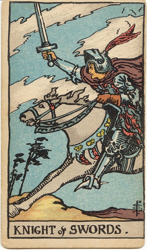 Knight of Swords, original 1909 Rider–Waite–Smith illustration by Pamela Colman Smith