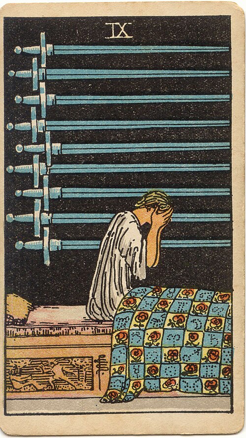 Nine of Swords, original 1909 Rider–Waite–Smith illustration by Pamela Colman Smith