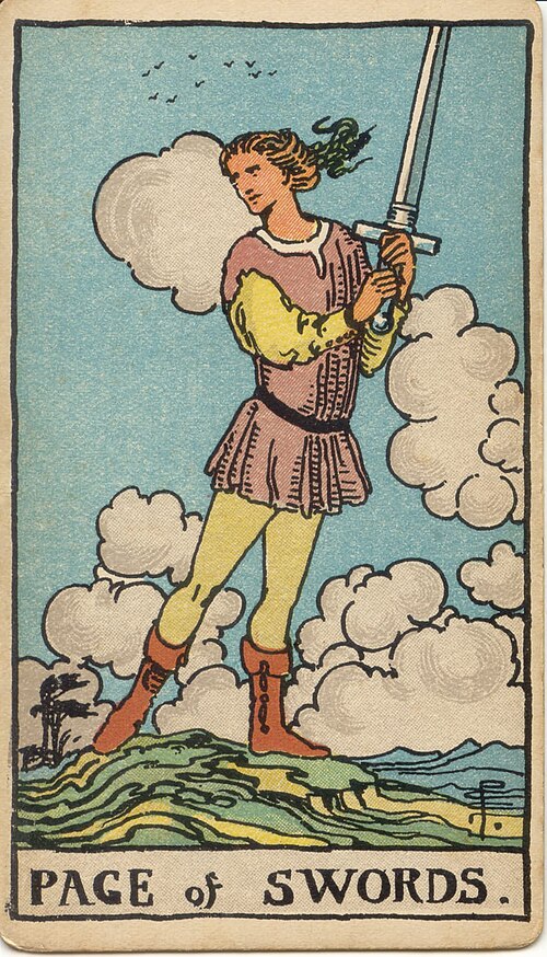 Page of Swords, original 1909 Rider–Waite–Smith illustration by Pamela Colman Smith