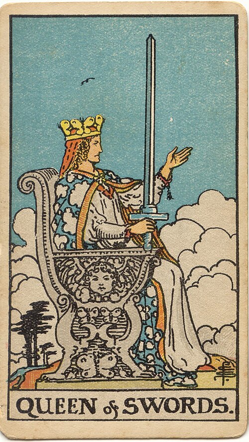 Queen of Swords, original 1909 Rider–Waite–Smith illustration by Pamela Colman Smith