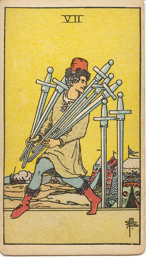 Seven of Swords, original 1909 Rider–Waite–Smith illustration by Pamela Colman Smith