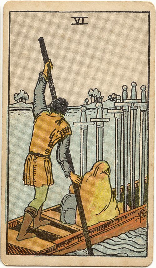 Six of Swords, original 1909 Rider–Waite–Smith illustration by Pamela Colman Smith