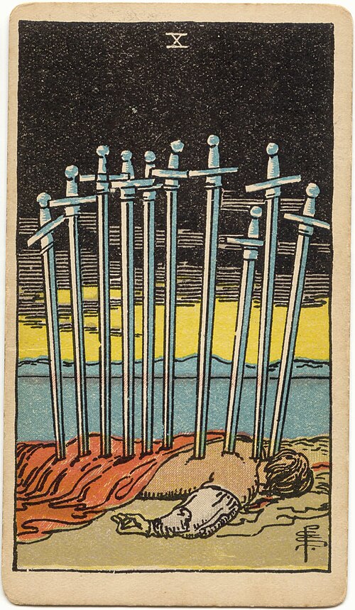 Ten of Swords, original 1909 Rider–Waite–Smith illustration by Pamela Colman Smith