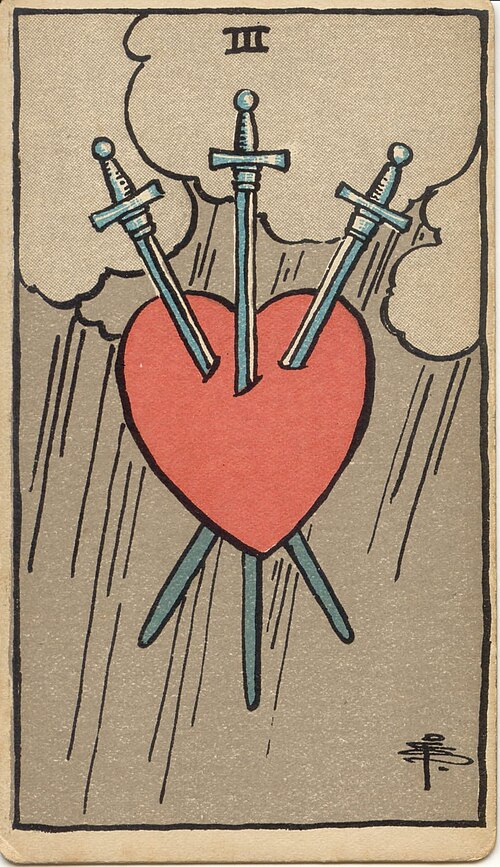 Three of Swords, original 1909 Rider–Waite–Smith illustration by Pamela Colman Smith