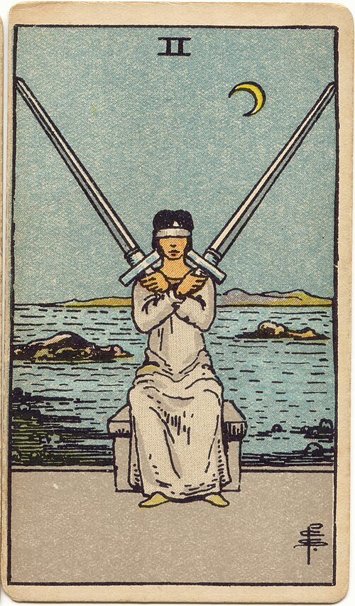 Two of Swords, original 1909 Rider–Waite–Smith illustration by Pamela Colman Smith