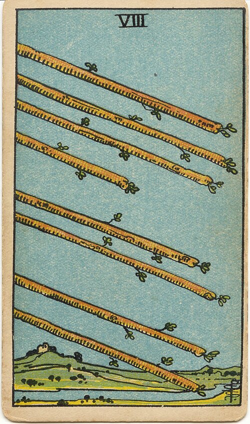 Eight of Wands, original 1909 Rider–Waite–Smith illustration by Pamela Colman Smith