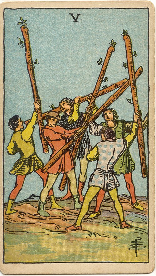 Five of Wands, original 1909 Rider–Waite–Smith illustration by Pamela Colman Smith