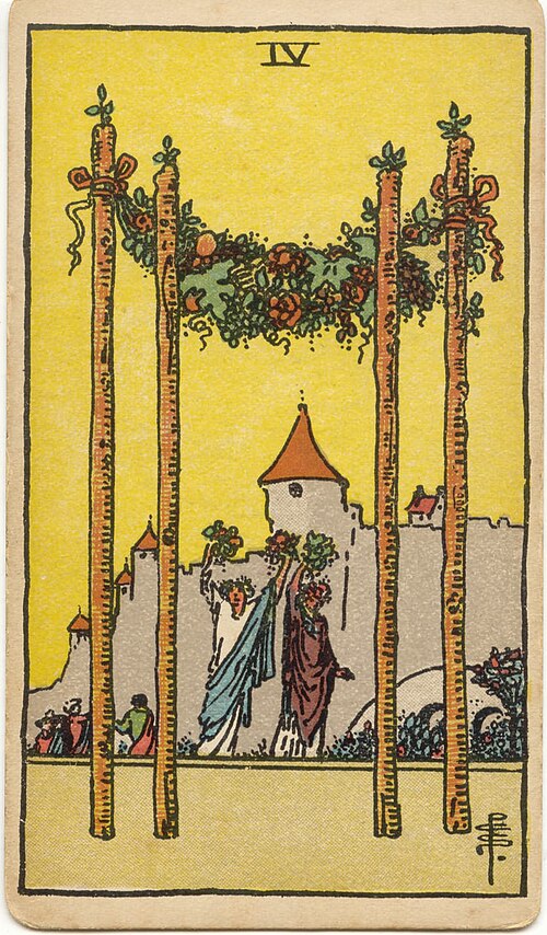 Four of Wands, original 1909 Rider–Waite–Smith illustration by Pamela Colman Smith