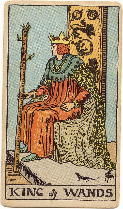 King of Wands, original 1909 Rider–Waite–Smith illustration by Pamela Colman Smith
